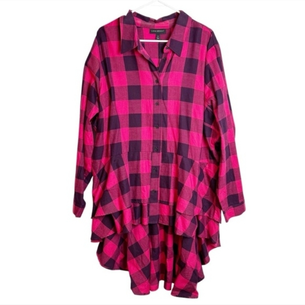 Lane Bryant Red and Black Buffalo Check Plaid Peplum High Low Top